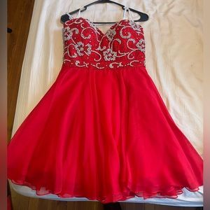 Sherri Hill Prom Dress -  Red Chiffon Strapless Rhinestone Flower Beaded Bodice